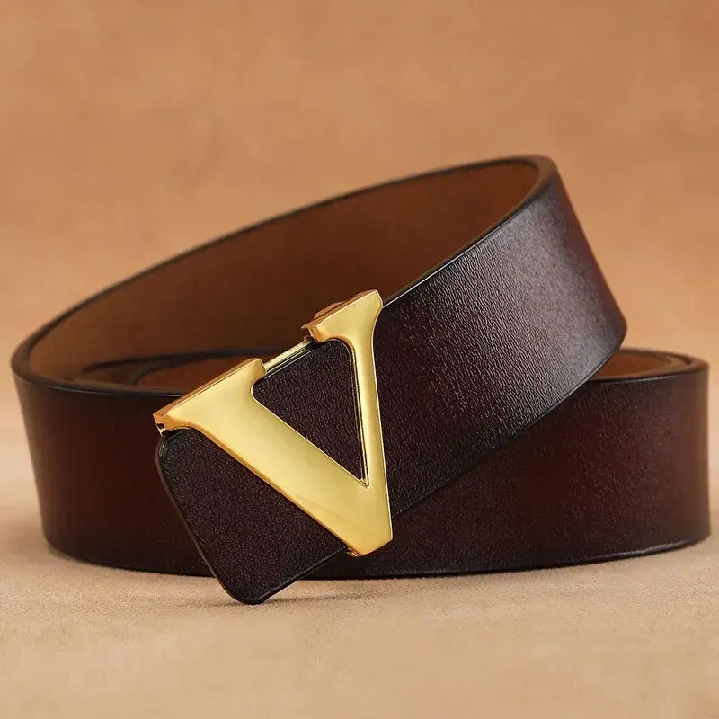 New High Quality Smooth Buckle Belt Men's Genuine Leather Pure Cowhide Letter V Jeans Belt for  Women Luxury Male Belt Designers