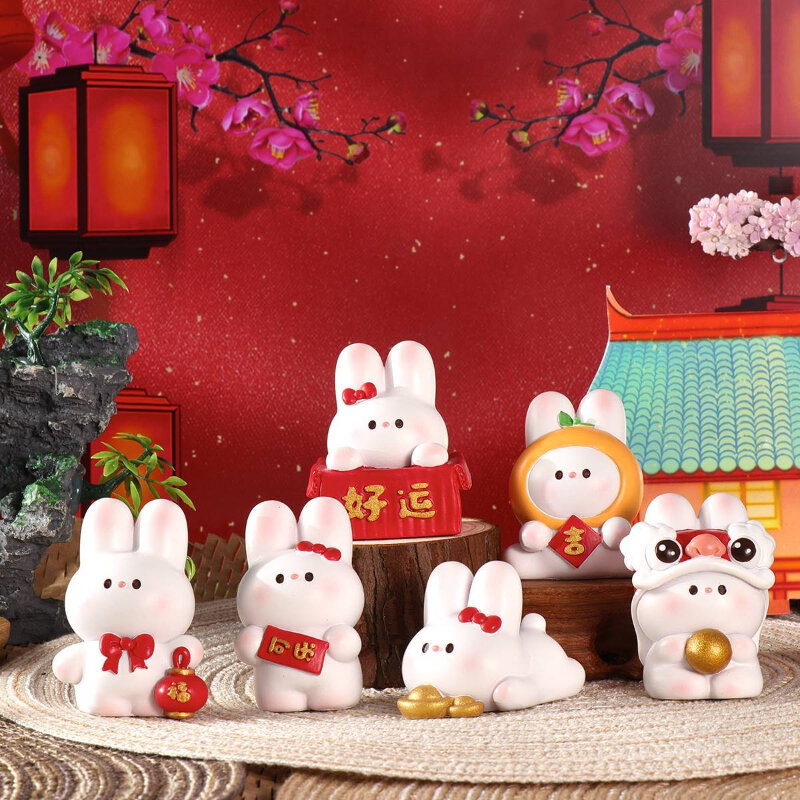 Patung kecil mobil, aksesoris rumah ornamen kartun kelinci Beruntung Resin lanskap mikro dekorasi Bonsai Desktop Kreatif