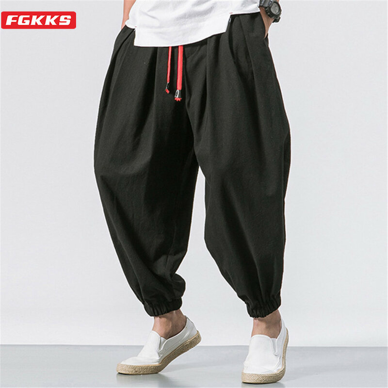 Fgkks กางเกงทรงทรงหลวมสำหรับผู้ชาย, กางเกงฮาเร็มผ้าลินินน้ำหนักเกินจากจีนกางเกง celana Panjang Brand ลำลองคุณภาพสูงสำหรับฤดูใบไม้ร่วง
