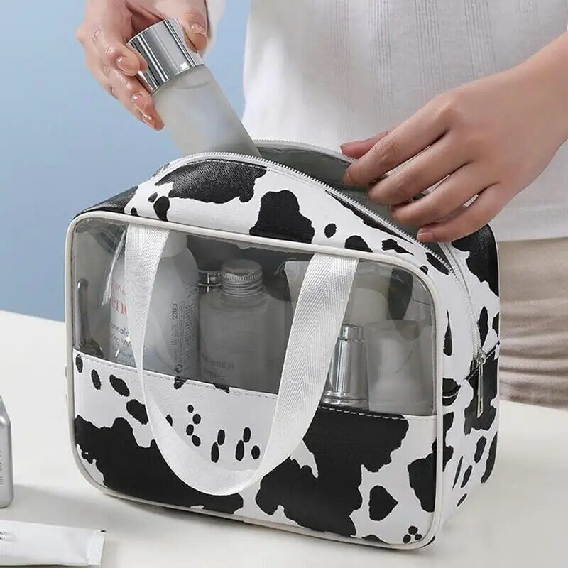 Tas kosmetik untuk bepergian, tas kosmetik motif sapi, kantong Organizer kosmetik portabel tahan air dengan kapasitas besar