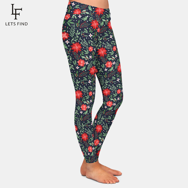 LETSFIND-Calças femininas de fitness estampadas florais de Natal 3D, calças elásticas de cintura alta, leggings quentes, inverno