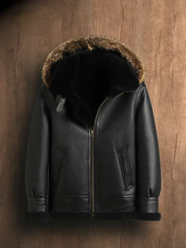 Jaqueta de pele natural preta masculina, casaco de inverno de ovelha real, roupa masculina, original, FCY5710