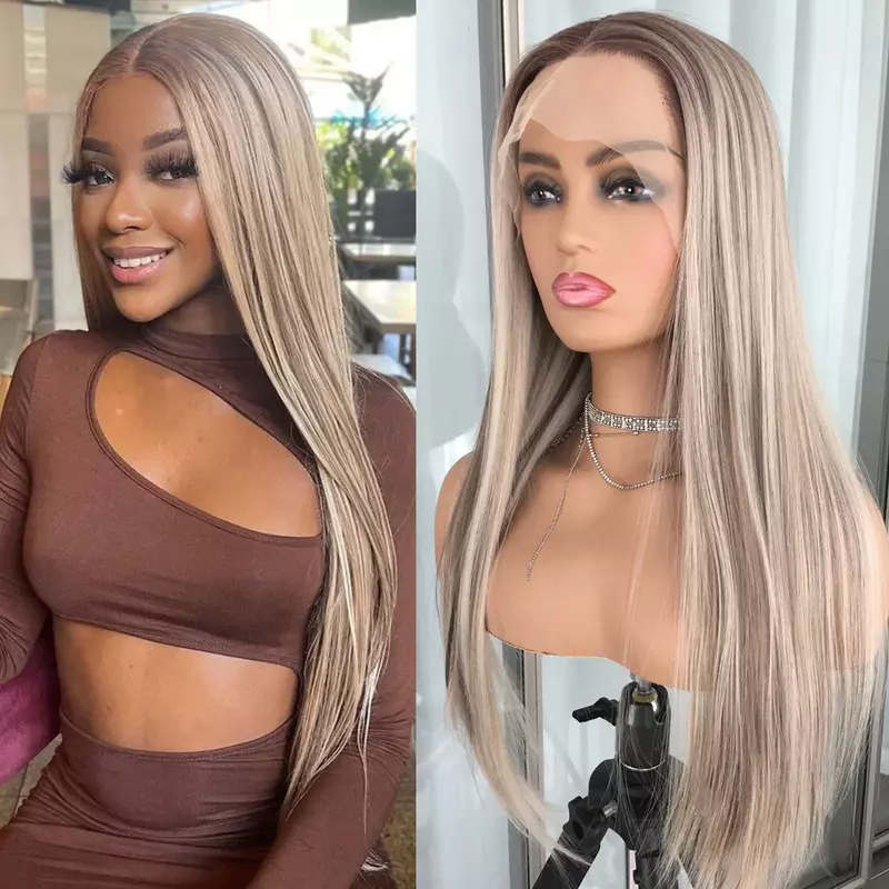 Glueless Lace Frontal Wig Pre Plucked Blonde Colored Highlight Blonde Platinum Straight Lace Front Wig Synthetic Hair for Women