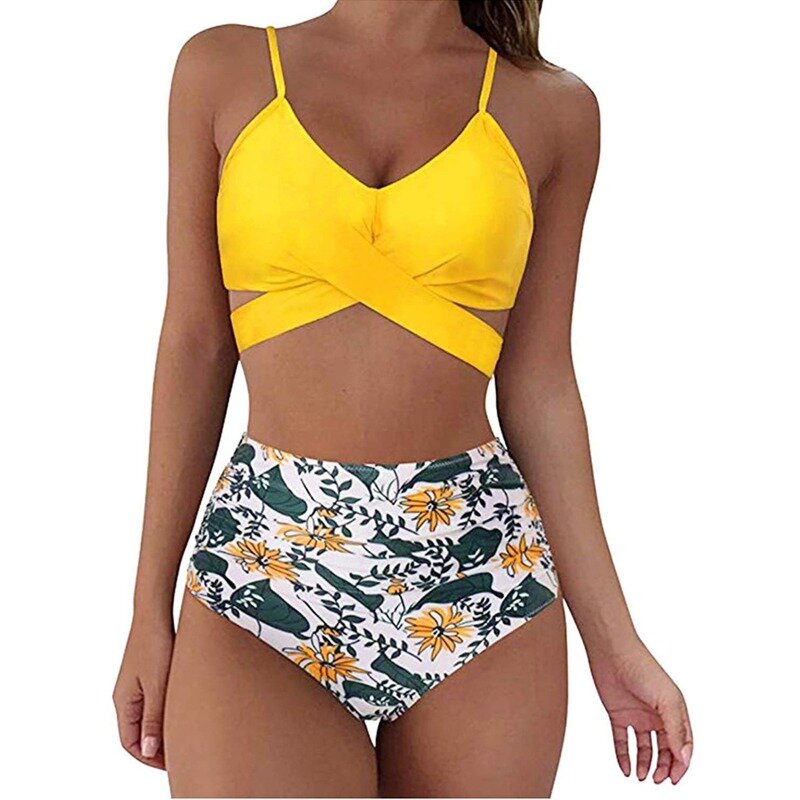Sleeveless Backless Two-Piece Swimsuit High Waist Suspender Bandeau Solid Color Printed Bikini Women's Swimsuit with Chest Pad