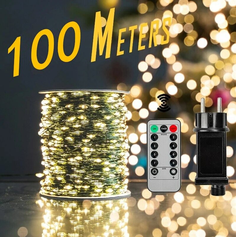 요정 스트링 조명, 크리스마스 화환, 야외 장식 조명, 원격 방수, 트리 스트리트 웨딩 파티용, 500 LED, 1000LED, 1 개