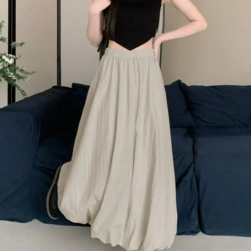 Breathable Skirt Elastic High Waist Bubble Maxi Skirt with Ankle-length Lantern Design Solid Color A-line Streetwear for Spring