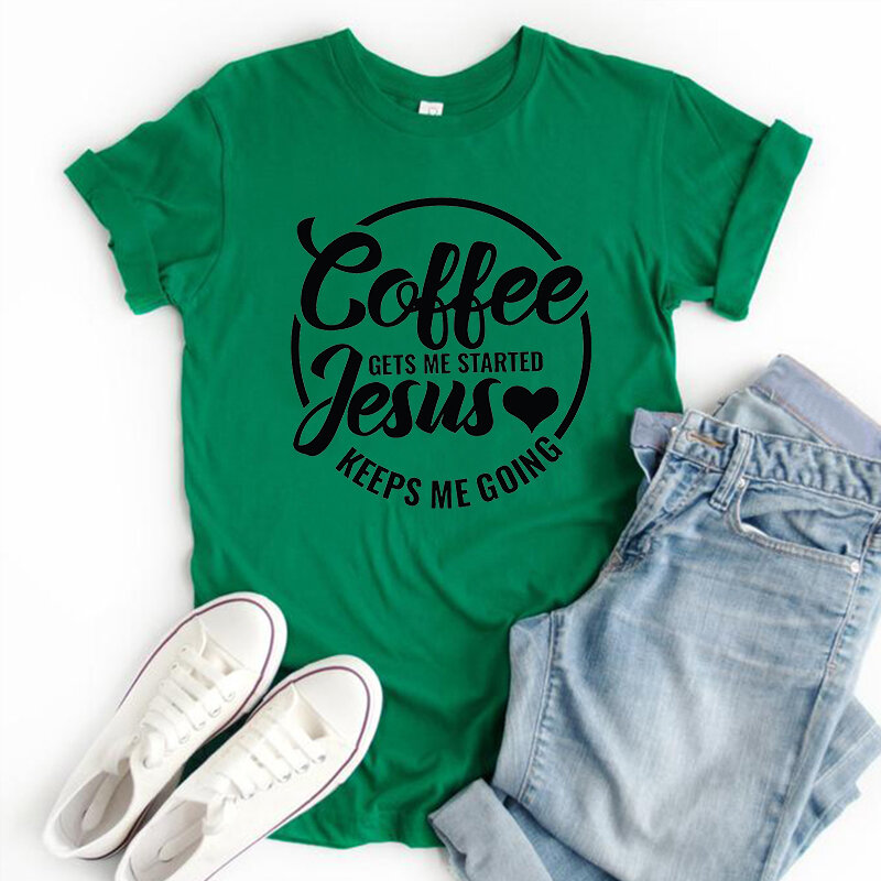 Jesus-女性のためのグラフィックプリントTシャツ,コーヒーの引用トップ,カルス