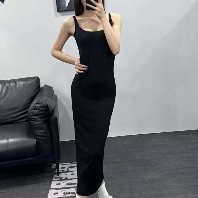 Women's Dresses Knitting Cotton Sexy Camisole Black Solid Mid-calf Skirts Slim Streetwear Owens Women's Clothing