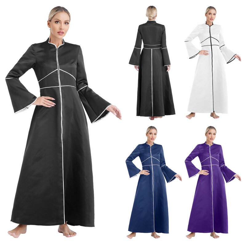 Robe de clergé d'église de louange élégante pour femmes, manches évasées, robe maxi trapèze, fête à thème d'Halloween, costume de jeu de prêtre