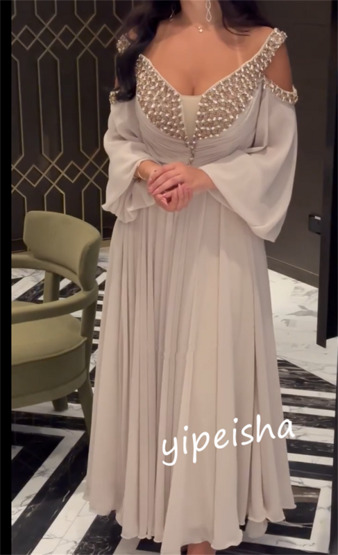 Бальное платье, вечернее атласное платье с бисером и драпировкой, официальное ТРАПЕЦИЕВИДНОЕ ПЛАТЬЕ с открытыми плечами на заказ, платья миди для Саудовской Аравии