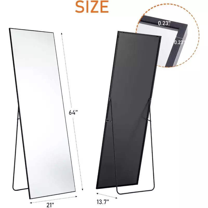 Espejo de cuerpo completo para suelo de 64 "x 21" con soporte, espejo de pared de pie colgante o inclinado contra la pared, negro