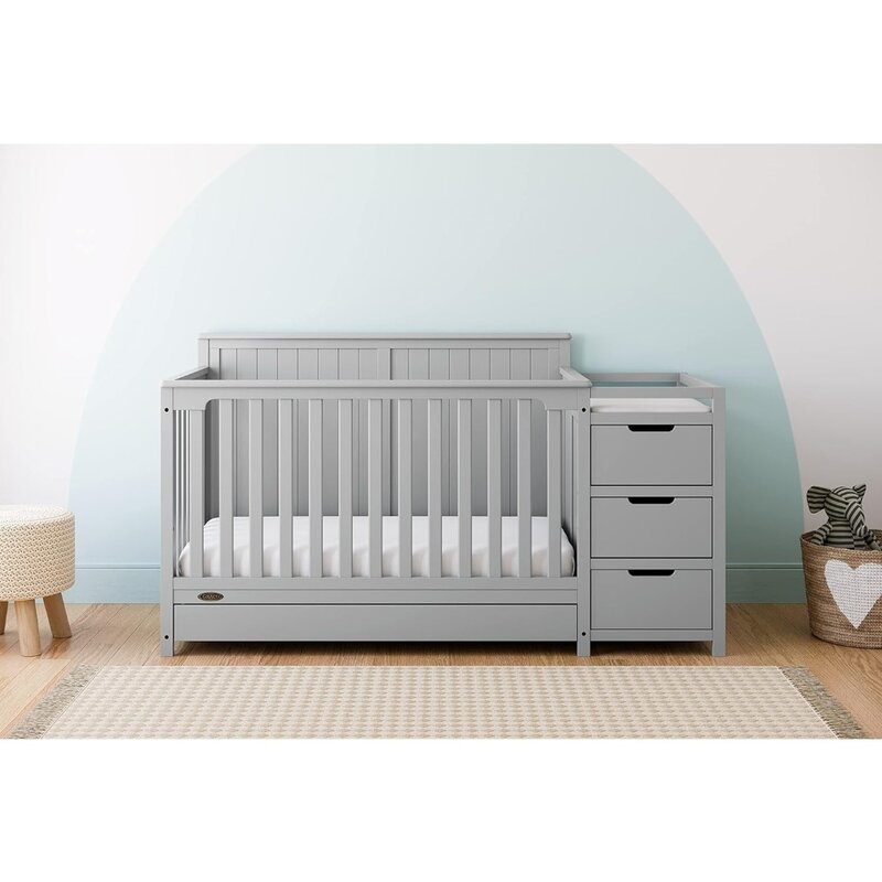 Hadley 5-in-1 Convertible tempat tidur bayi dan pengganti dengan laci (kerikil abu-abu)-Tempat tidur bayi dan meja berubah Kombo dengan laci