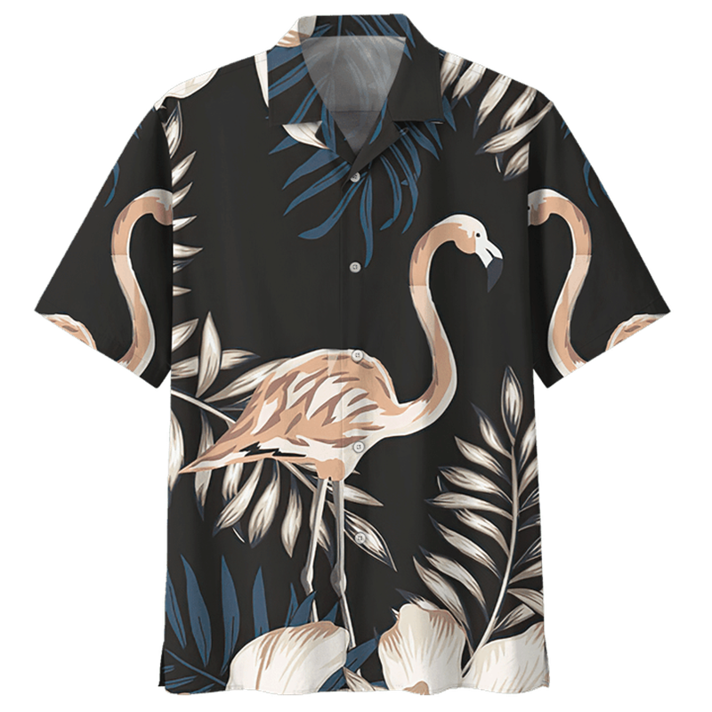 Flamingo blus lengan pendek untuk pria wanita, kemeja kerah ukuran besar motif burung Hawaii, blus kancing jalanan lengan pendek motif hewan 3D