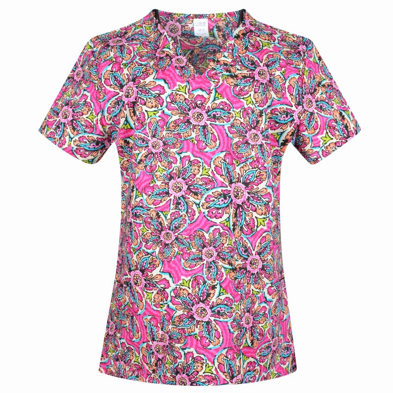 Hennar High Quality Print Scrub UniformFor Women In 100% Cotton 4 pockets,XXS-5XL Medical Scrub Tops