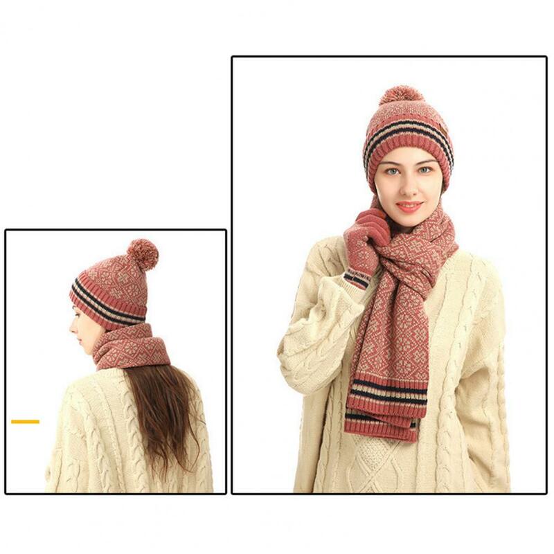 Conjunto de gorro de Invierno para mujer, bufanda y guantes elásticos, tejido Jacquard, bufanda larga con pantalla táctil