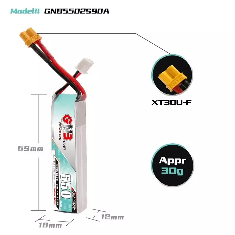 Batería LiPo para Dron TINY8X Blade Inductrix FPV QX2 7,4 S Beta75S BetaFPV, enchufe de XT30U-F, GNB 2S 550 V 120 mah 90C/180C HV