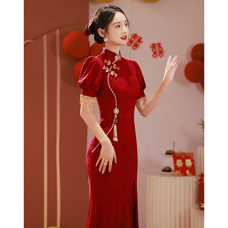 우아한 스플릿 치파오 여성용 버건디 연회 가운, 섹시한 레이스 플라워 치파오 슬림 중국 드레스, 빈티지 만다린 칼라