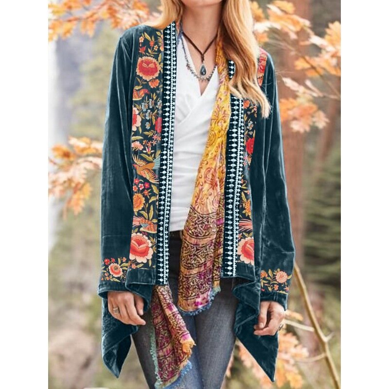 여성용 꽃무늬 프린트 가디건, 오픈 프론트, 긴 소매, 불규칙한 재킷