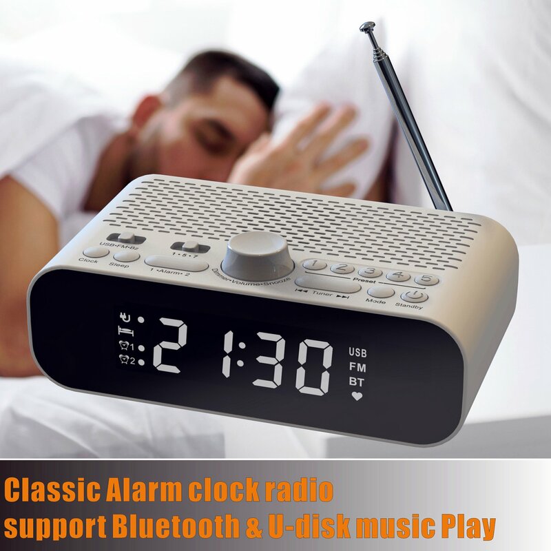 Radio FM con reloj despertador Dual con Bluetooth, reproductor de Streaming, pantalla LED, altavoz Hi-Fi con unidad de Woofer, 1500MAh