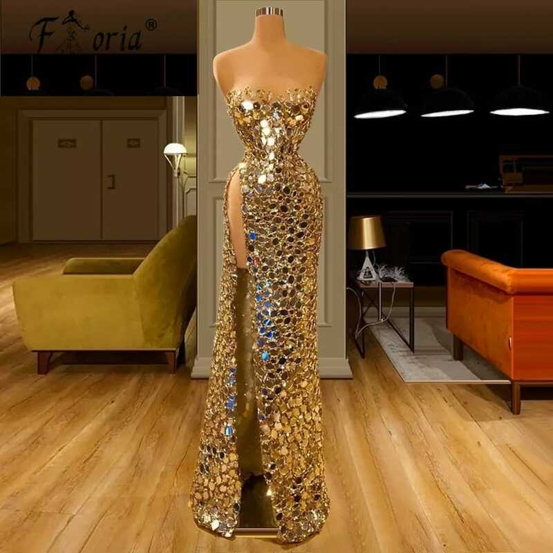 Vestidos De Noche คำทองคริสตัล Evening Dresses 2023 Sparkly ดูไบแขนยาวชุดราตรีคนดังชุดเดรสปาร์ตี้ Gorgeous