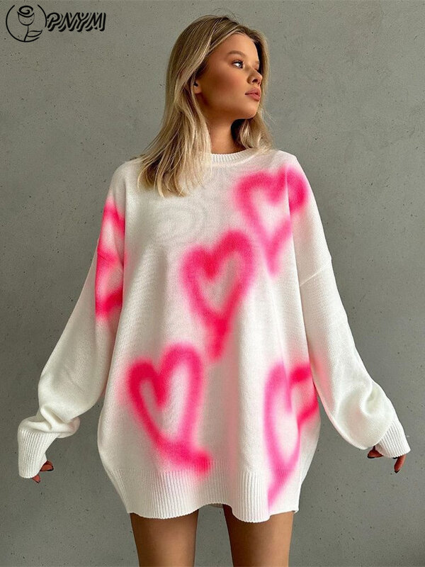 Повседневный свитер PNYM Y2K с градиентным сердечком, уличная одежда, свободные вязаные пуловеры с круглым вырезом и длинным рукавом, осенне-зимние модные женские топы
