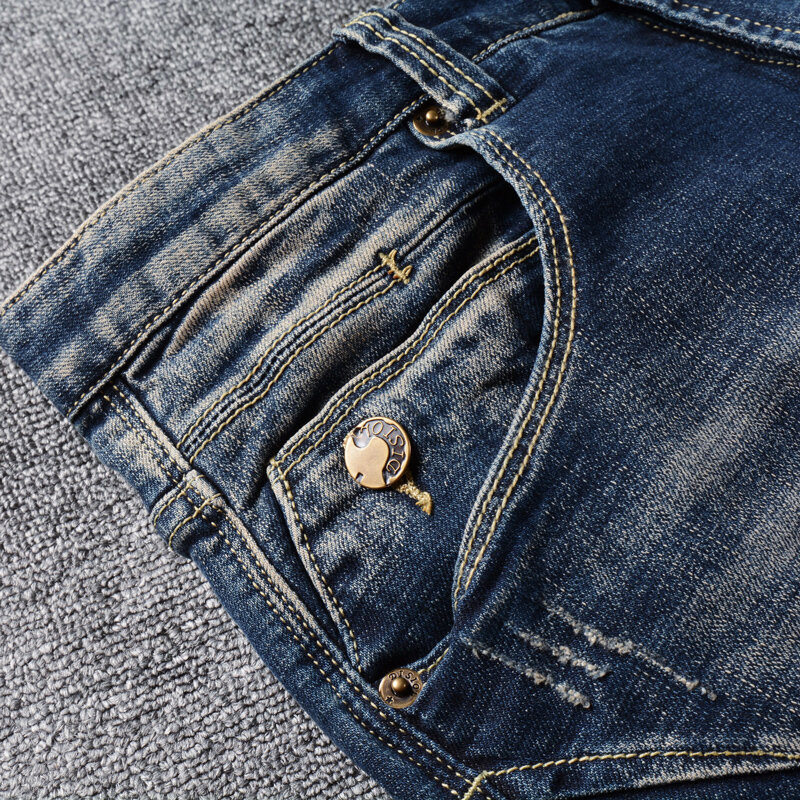 بنطلون جينز للرجال بتصميم كلاسيكي باللونين الأسود والأزرق قابل للتمدد ومناسب وممزق من قماش الدنيم