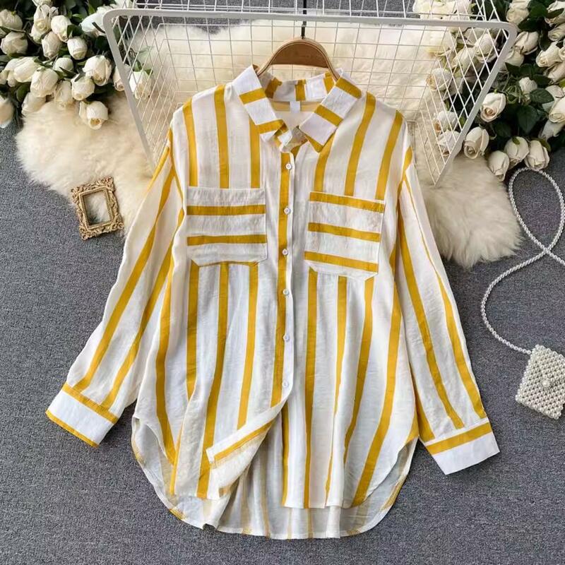 Women Vertical Stripe Shirt Trendy Women's Casual Striped Shirt with Lapel Collar Loose Fit Long Sleeve Single for Streetwear