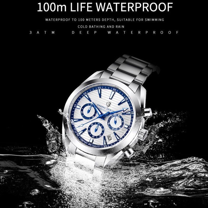 Jam tangan pria Quartz Stainless Steel arloji bisnis olahraga tahan air kalender tanggal bercahaya kronograf