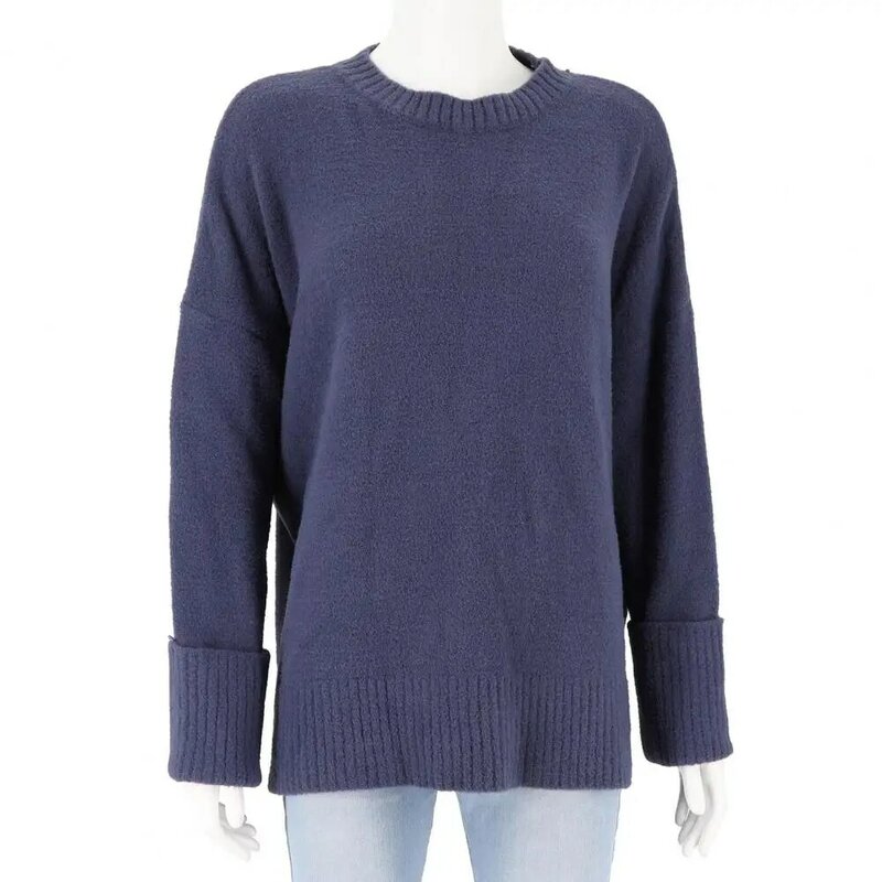 Sweater rajut wanita, baju hangat rajutan leher O lengan panjang bergaris elegan kasual longgar Sweater rajut musim gugur musim dingin
