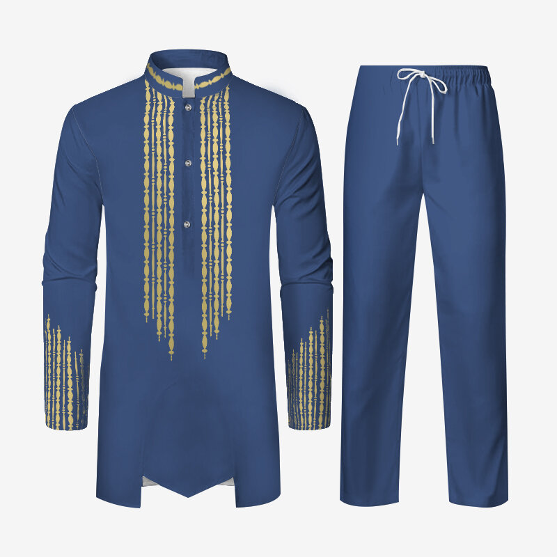 Muslimische Robe Herren 2 Stück afrikanische Outfits Anzüge, afrikanische traditionelle Luxus muster Langarm Dashiki Shirt & Hose Set