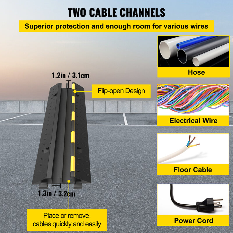 VEVOR Cable Protector Ramp Wire Cable Cover Cord Guard 2 Channels Rubber + PVC 11000LBS Speed Bump Parking Lots Driveway Traffic