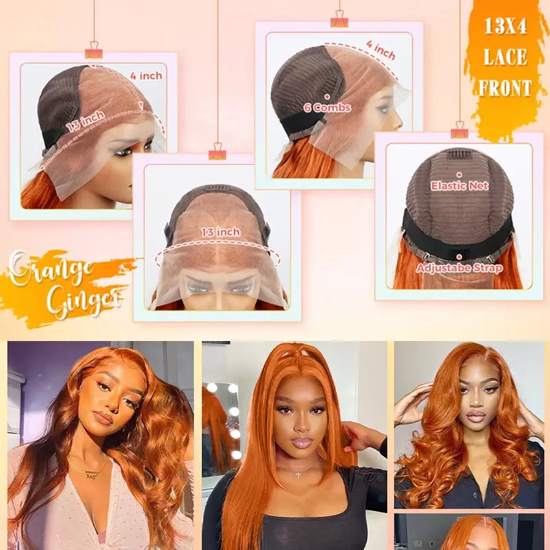 Pelucas frontales de encaje transparente para mujer, cabello humano ondulado de hueso, naranja jengibre, 13x6 HD, 13x4