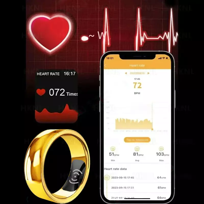 Smart Ring Men's Gold Heart Rate Blood Pressure Blood Oxygen Temperature Sleep Calories Health Multilingual Fitness Tracker Ring