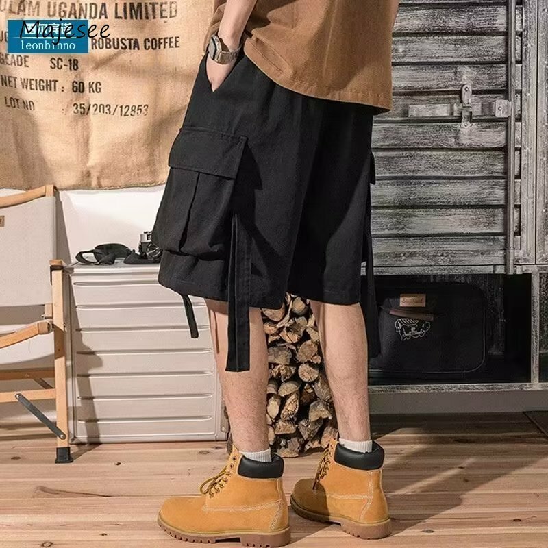 Cargo Shorts Men Pockets Baggy All-match Japanese Style Chic High Street Knee Length Harajuku Fashion Summer Simple College New