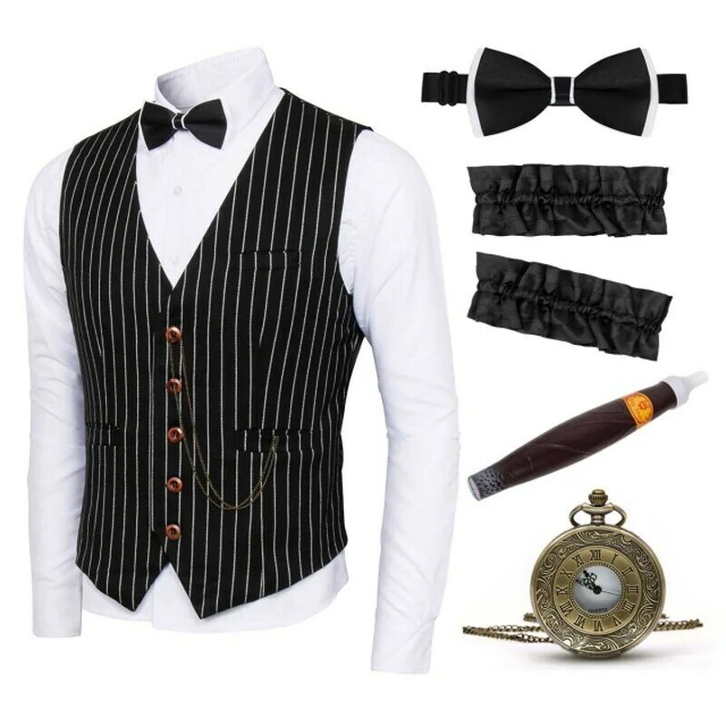 Adult Mens Gangster Stripe Vest Tie 2PCS Sets 5 Pieces 1920s Accessories Halloween Cosplay Costume Party Outfits