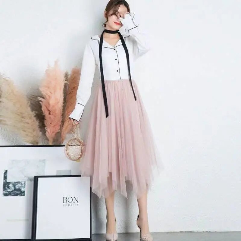 High Quality Spring Summer Fashion New Elastic High Waist A-Line Mesh Skirt Elegant Women Party Gift Office Lady Casual Clothing