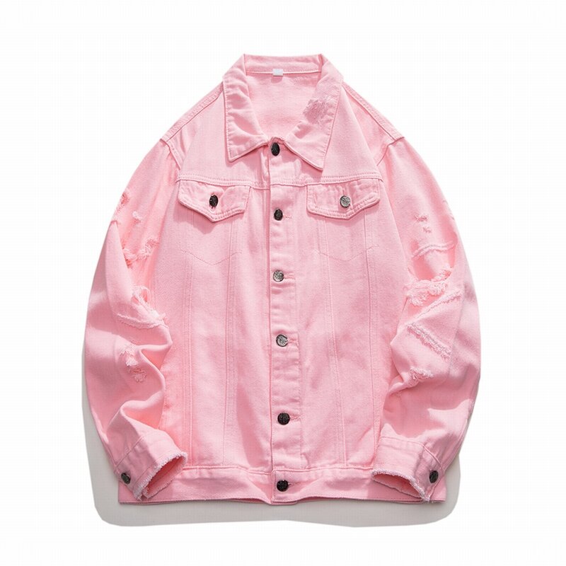 Autunno primavera Retro Destory Wash Hole Solid Denim Jacket rosa bianco nero Jaqueta Jeans Streetwear Slim Fit Chaqueta Hombre Coat