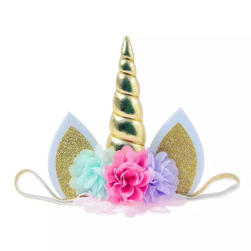 Yundfly-Diadema de unicornio con purpurina para niñas, diadema de gasa con cuerno, flor de unicornio, suministros para fiestas de cumpleaños