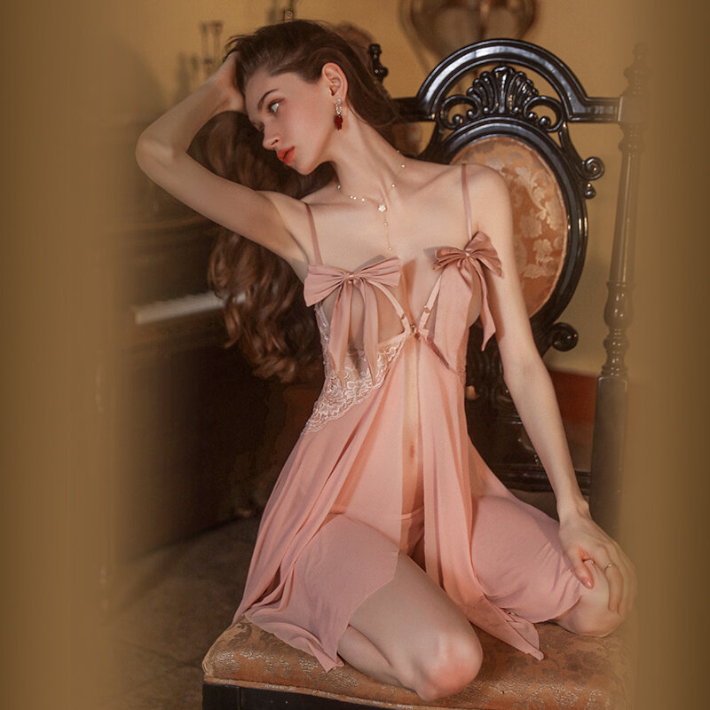Gaun malam Lingerie seksi wanita mode baru 2023 gaun malam Slip warna polos pakaian tidur Sling seksi punggung terbuka jaring berongga