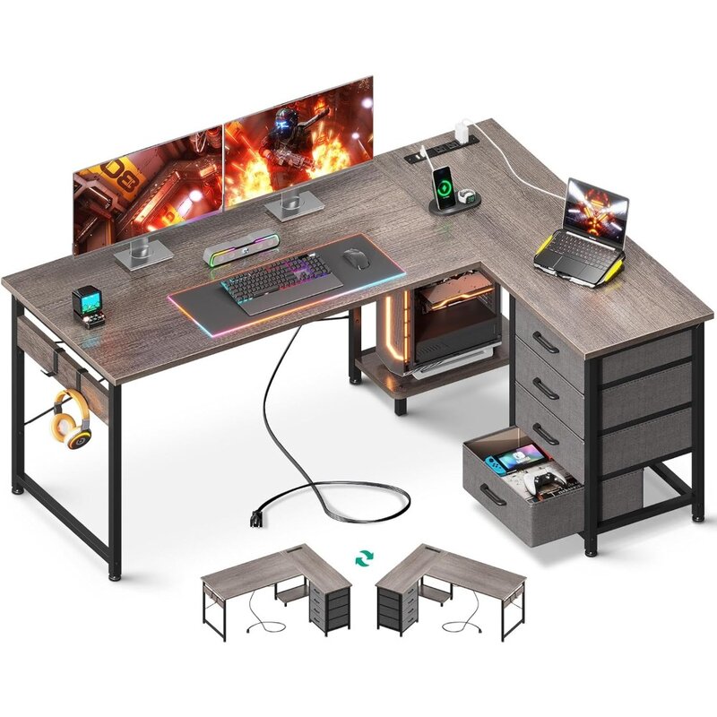 Bureau de jeu en forme de L avec prises de courant, bureau d'ordinateur en forme de L avec port de chargement USB, rétroviseur à 4 niveaux, prises de courant, 53 pouces