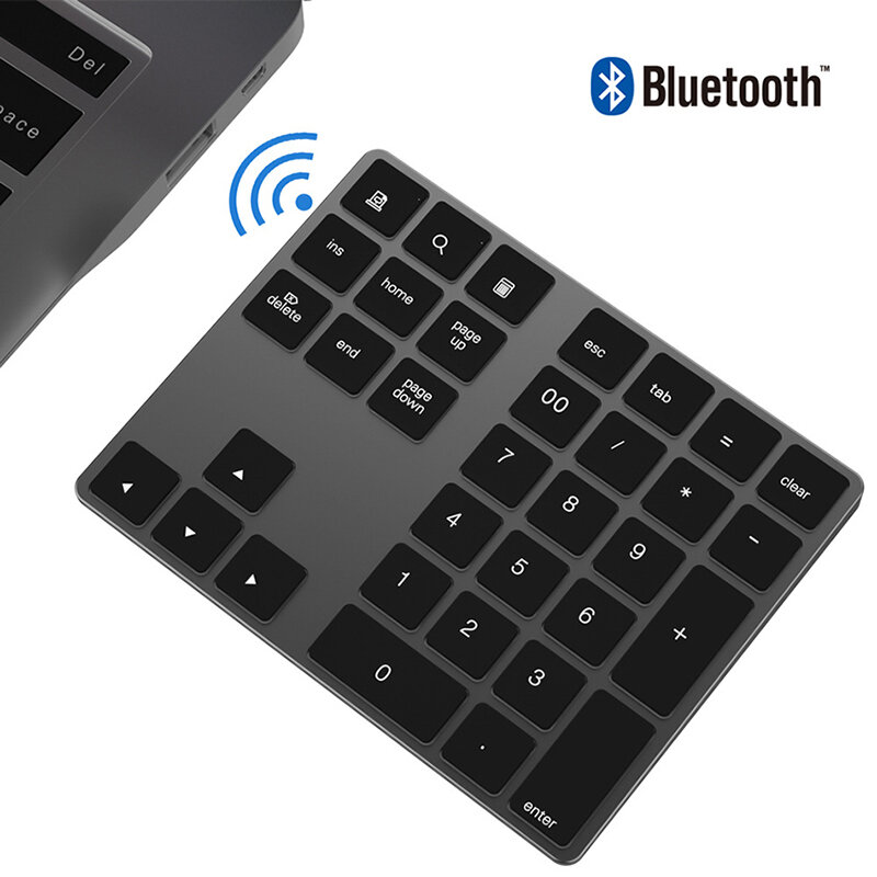 Almofada Numérica compatível com Bluetooth, Teclado Numérico Sem Fio Recarregável USB de Alumínio Numpad para iOS Android PC Tablet Laptop