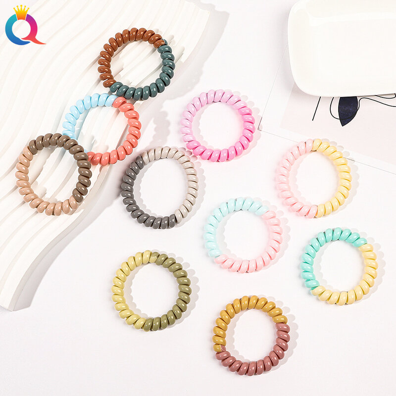 5pcs Women Colorful Elastic Plastic Rubber Telephone Cord Wire Hair Ties Coil Scrunchies Hair Ring Band Accessories ACC428