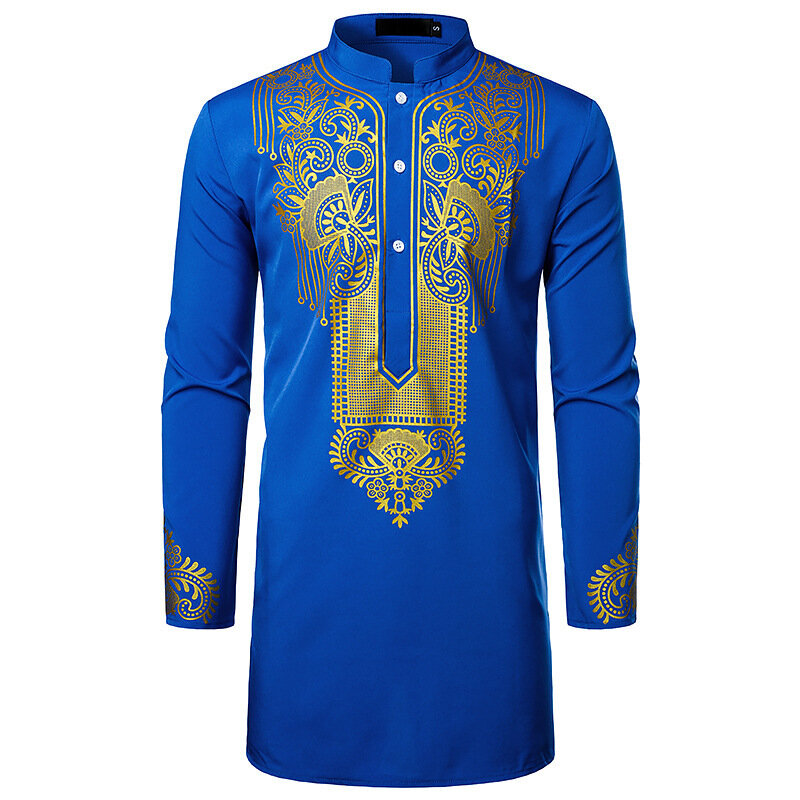 เสื้อคลุมยาวปานกลางสำหรับผู้ชายมุสลิมเสื้อคลุมอาหรับอิสลามแบบลำลองคอตั้งพิมพ์ลายชาติพันธุ์แฟชั่น