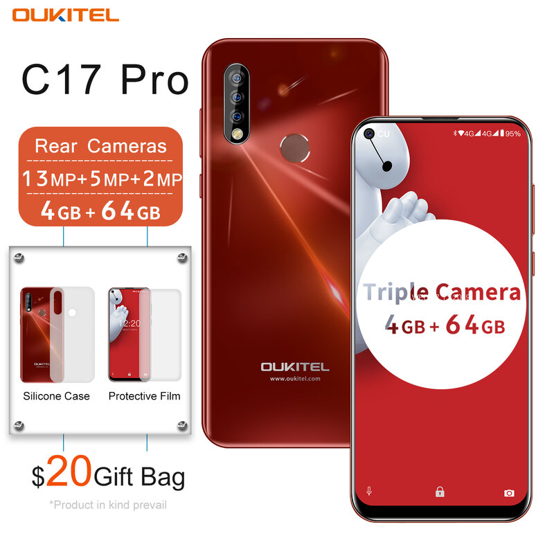 Смартфон Oukitel C17 Pro, 6,35 дюйма, HD +, 3900 мАч, задняя камера 5 Мп + 2 МП, Android 9,0, 4 + 64 ГБ