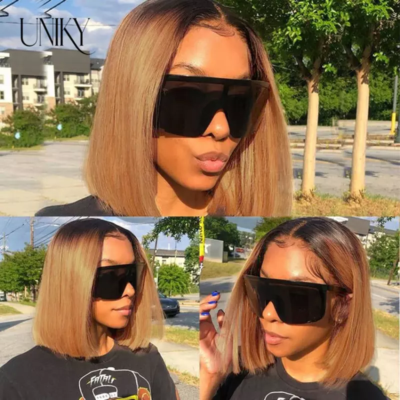 Cheap 4*4 Lace Closure Bob Wigs Straight 10 12 14Inch 100% Human Hair Ombre Dark Roots Brown T1B/30 Colored Bob Wig 150% Density