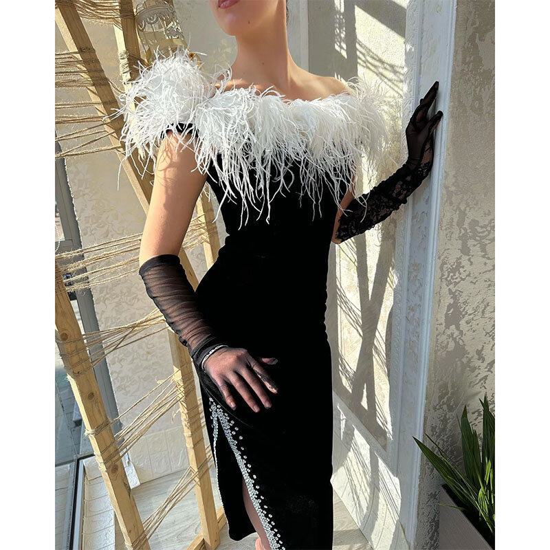 Elegant Black Evening Dresses 2024 Off the Shoulder Sleevless with Feathers Slit Ankle-Length Custom Made for Women Party Gowns