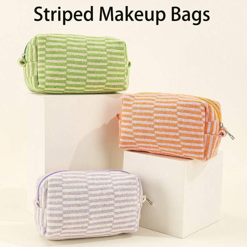Lã Knitting Cosmetic Bag, Listrado Travel Storage Organizer, Maquiagem Bag, Higiene Pessoal Bolsa, Maquiagem Acessório, Novo