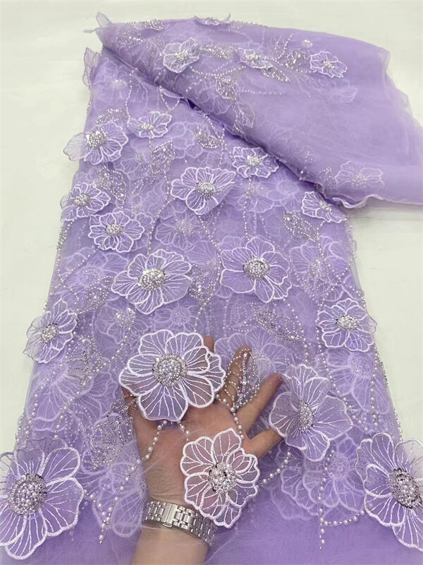 Latest African Handmade 3D Flower Beaded Lace Fabric French Net Lace Fabric Nigerian Embroidery With Beads For Wedding Sewing