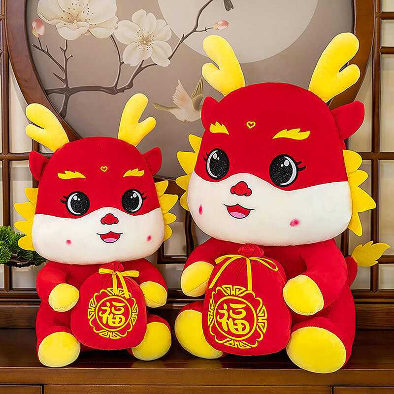 1 buah mainan mewah naga Cina kreatif boneka binatang lembut untuk dekorasi maskot Tahun Baru 2024 hadiah anak anak