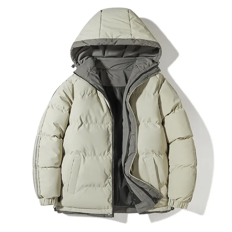 Mantel musim dingin pria, jaket parka bertudung tahan angin hangat modis warna polos